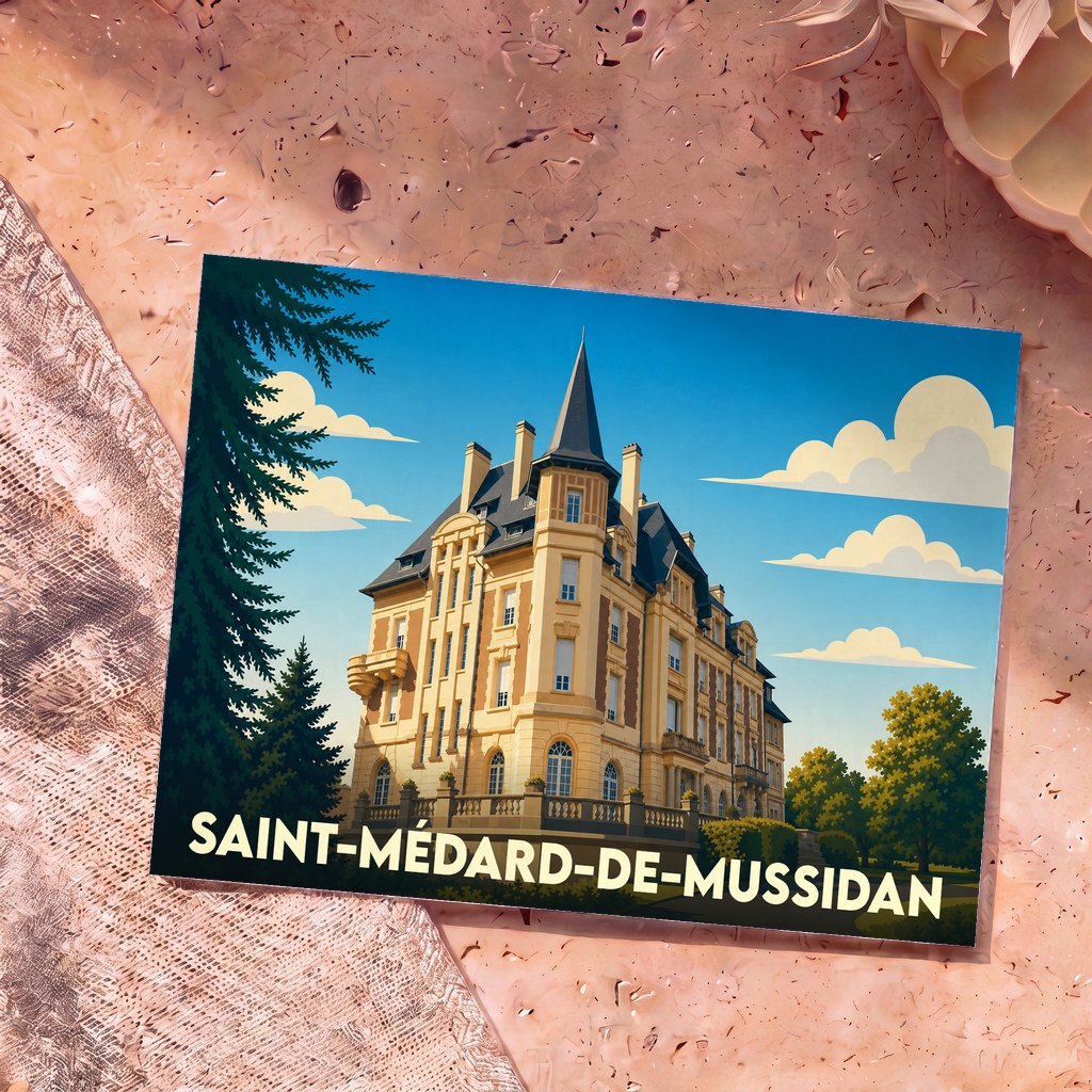 Carte postale souvenir de la ville de Saint-Médard-de-Mussidan avec une illustration stylisée d'un château.