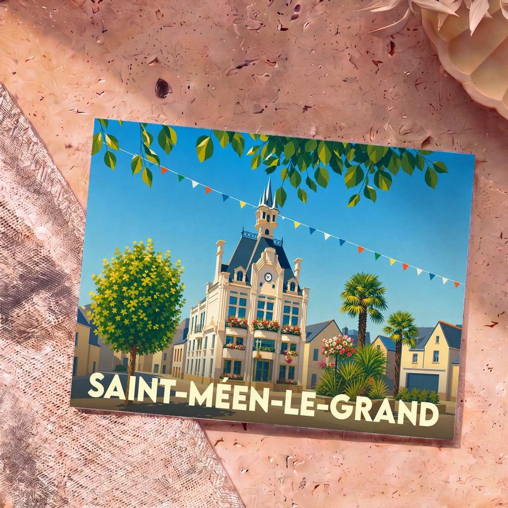 Carte postale souvenir de la ville de Saint-Méen-le-Grand avec une illustration colorée de l'hôtel de ville.