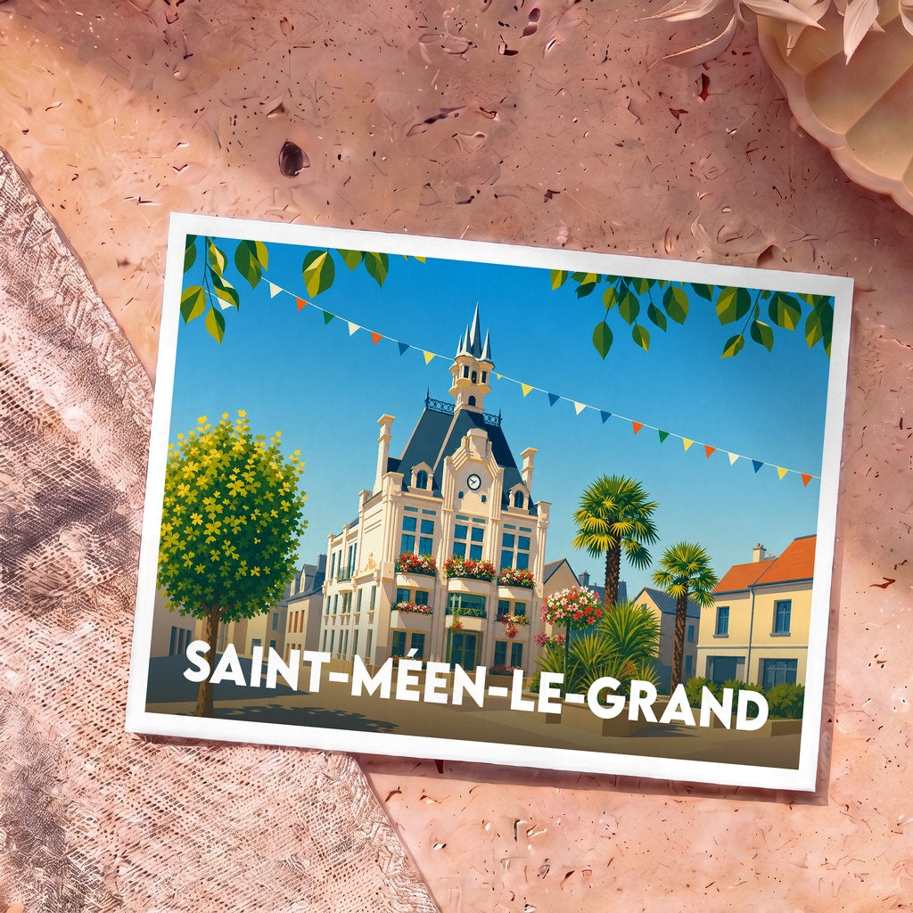 Carte postale souvenir de la ville de Saint-Méen-le-Grand avec une illustration stylisée de son architecture.