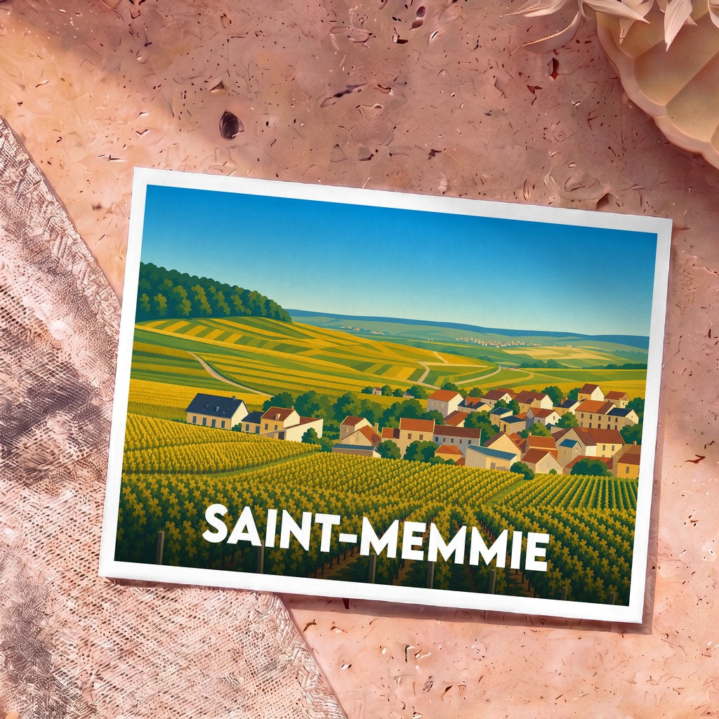 Carte postale souvenir de la ville de Saint-Memmie illustrant des vignobles et un village dans un style graphique épuré.
