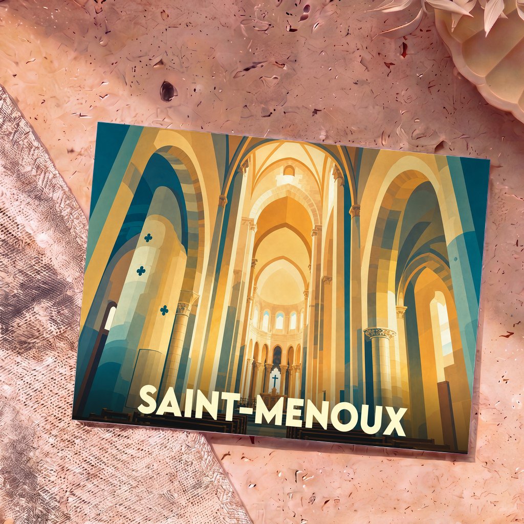 Carte postale souvenir de la ville de Saint-Menoux avec une illustration stylisée de l'intérieur de son église romane.