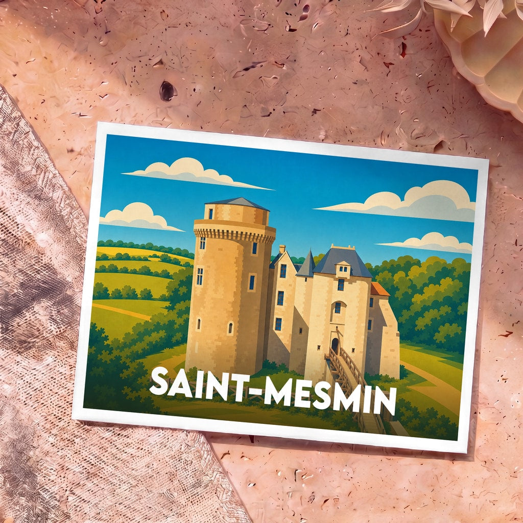 Carte postale souvenir de la ville de Saint-Mesmin illustrant son château médiéval dans un style graphique épuré.