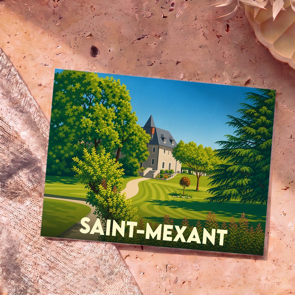 Carte postale souvenir de la ville de Saint-Mexant avec une illustration stylisée d'un manoir et de son parc arboré.