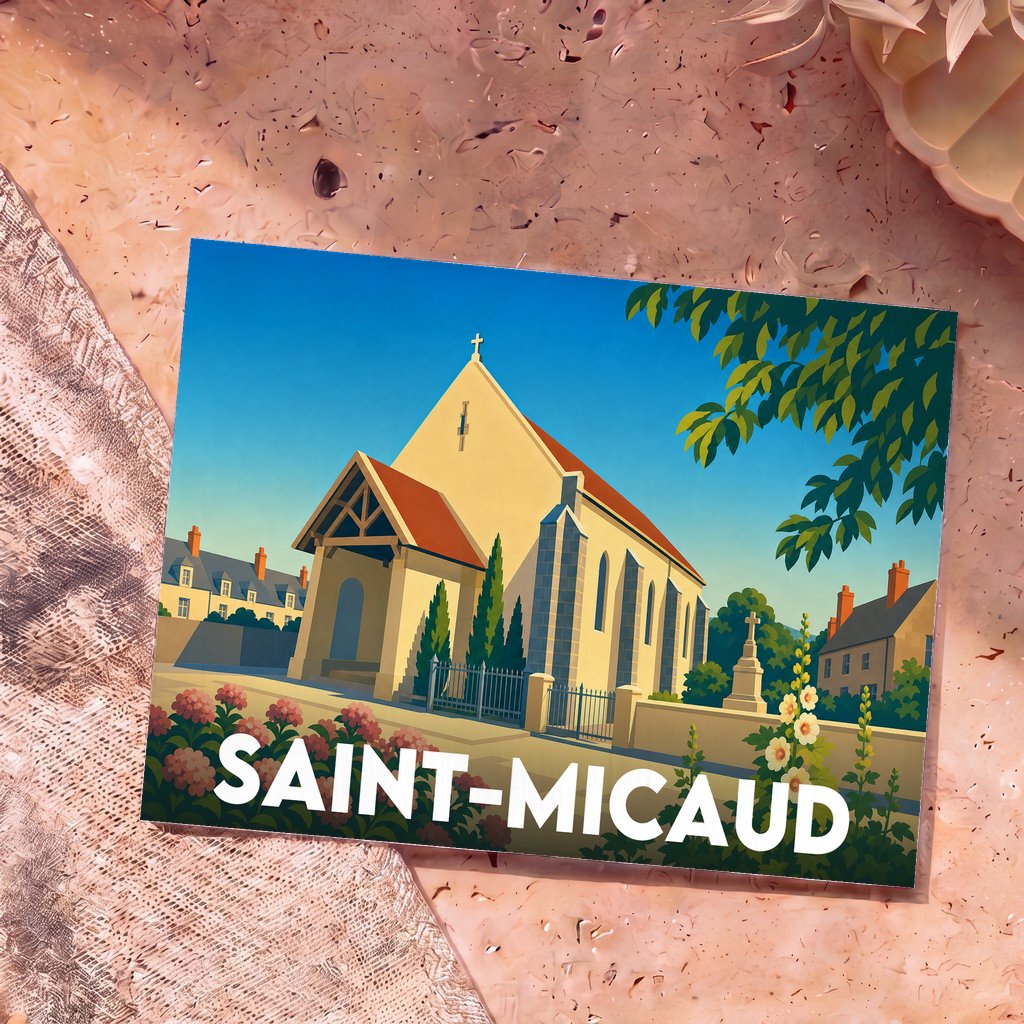 Carte postale souvenir de la commune de Saint-Micaud avec une illustration stylisée de son église sous un ciel bleu.