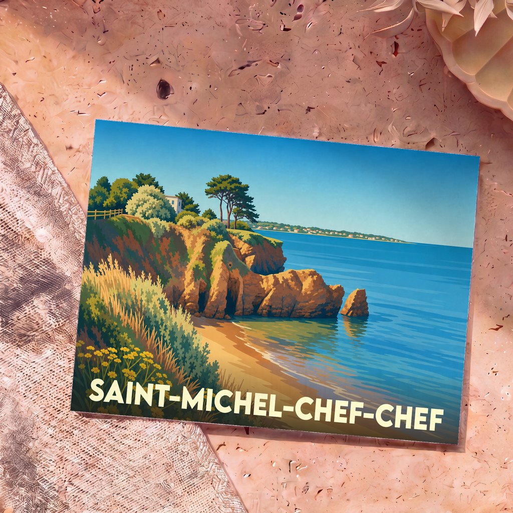 Carte postale souvenir de la ville de Saint-Michel-Chef-Chef avec une illustration stylisée de sa côte sauvage.