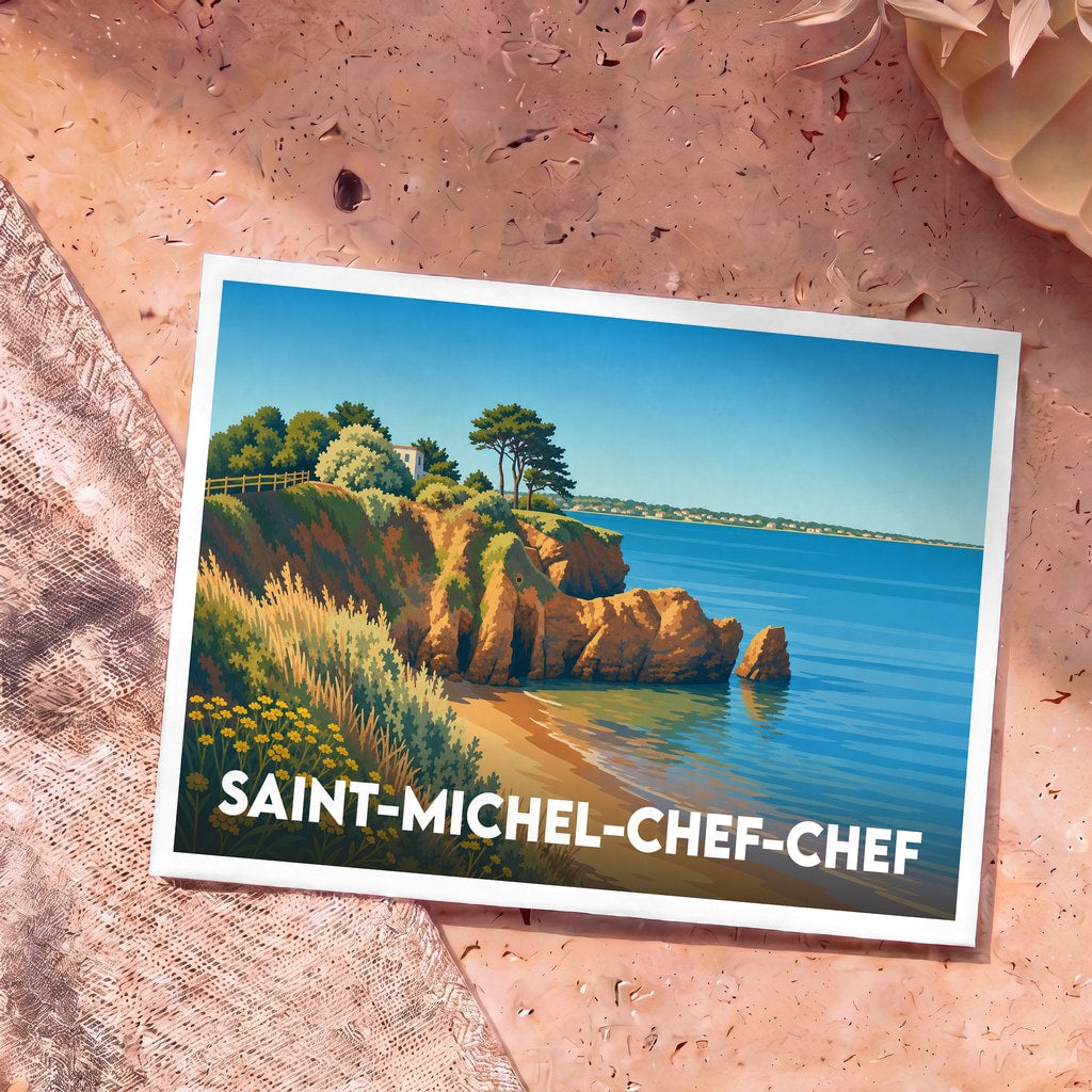 Carte postale souvenir de la ville de Saint-Michel-Chef-Chef avec une illustration stylisée de sa côte sauvage.