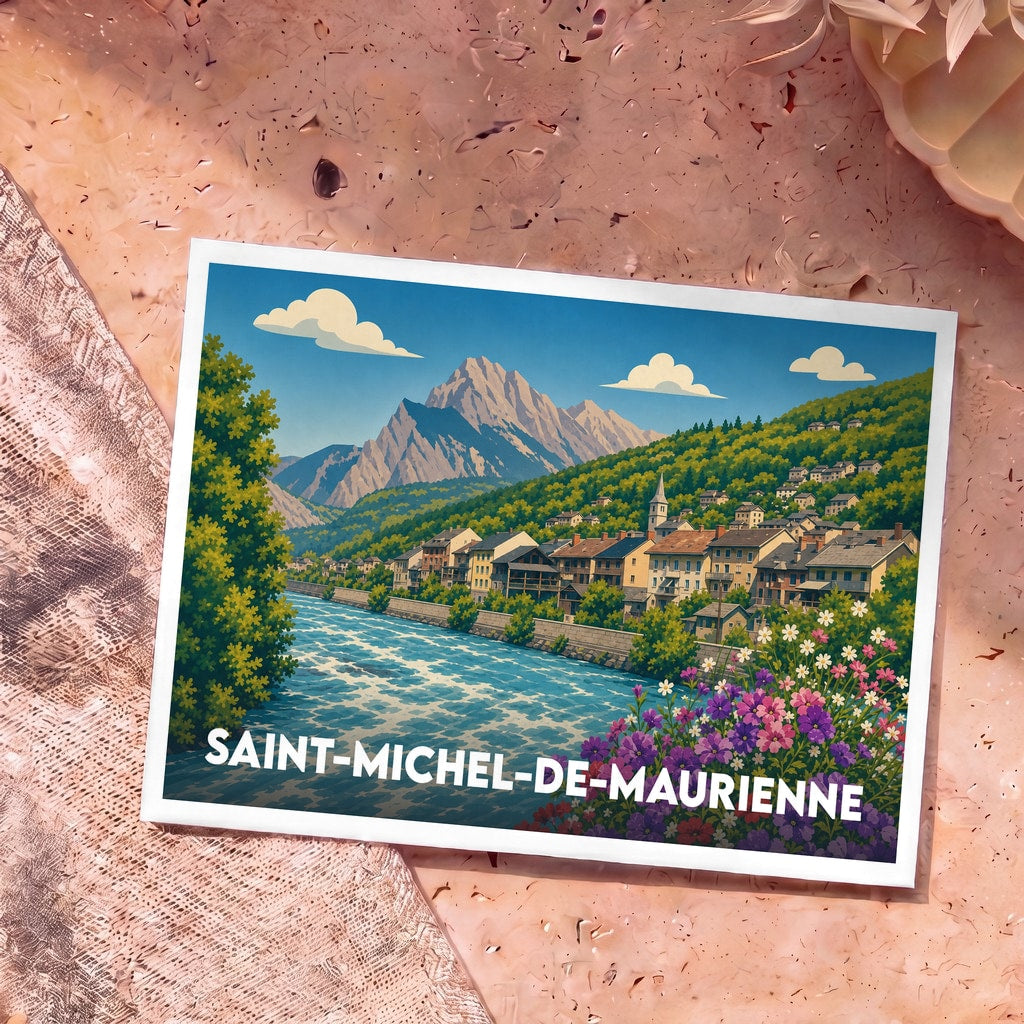 Carte postale souvenir de la ville de Saint-Michel-de-Maurienne avec une illustration stylisée des montagnes et de l'Arc.