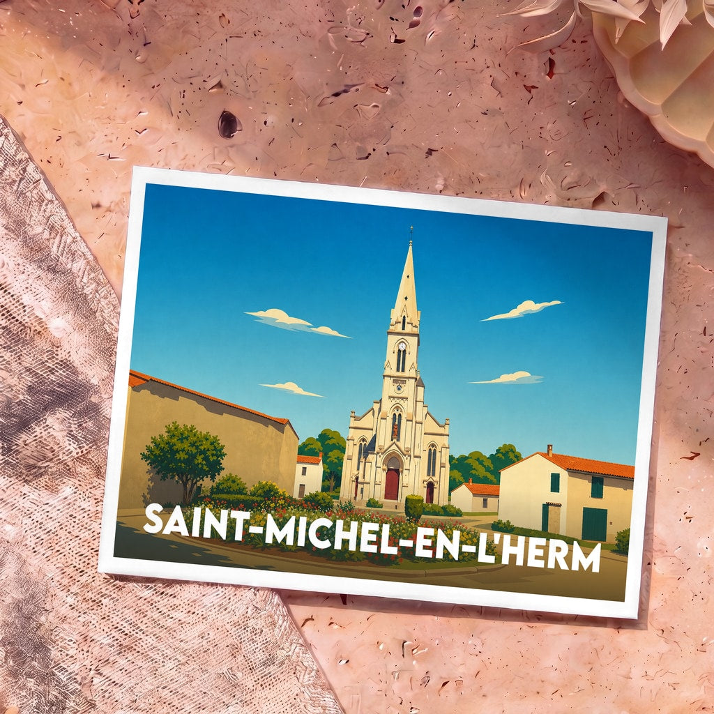 Carte postale souvenir de Saint-Michel-en-l'Herm illustrant l'église locale dans un style vintage et coloré.