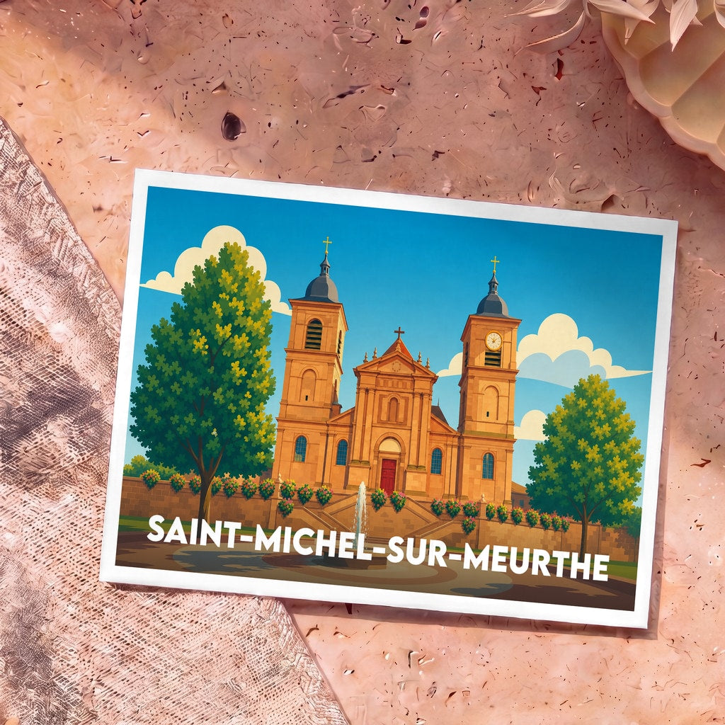 Carte postale souvenir de la ville de Saint-Michel-sur-Meurthe avec une illustration stylisée de son église.