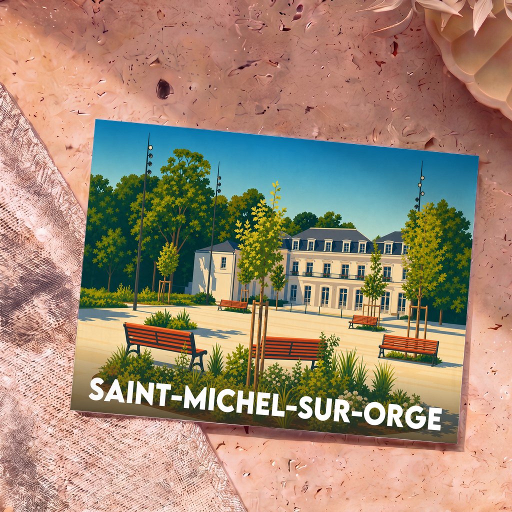 Carte postale souvenir de la ville de Saint-Michel-sur-Orge avec une illustration stylisée d'un parc et de son château.
