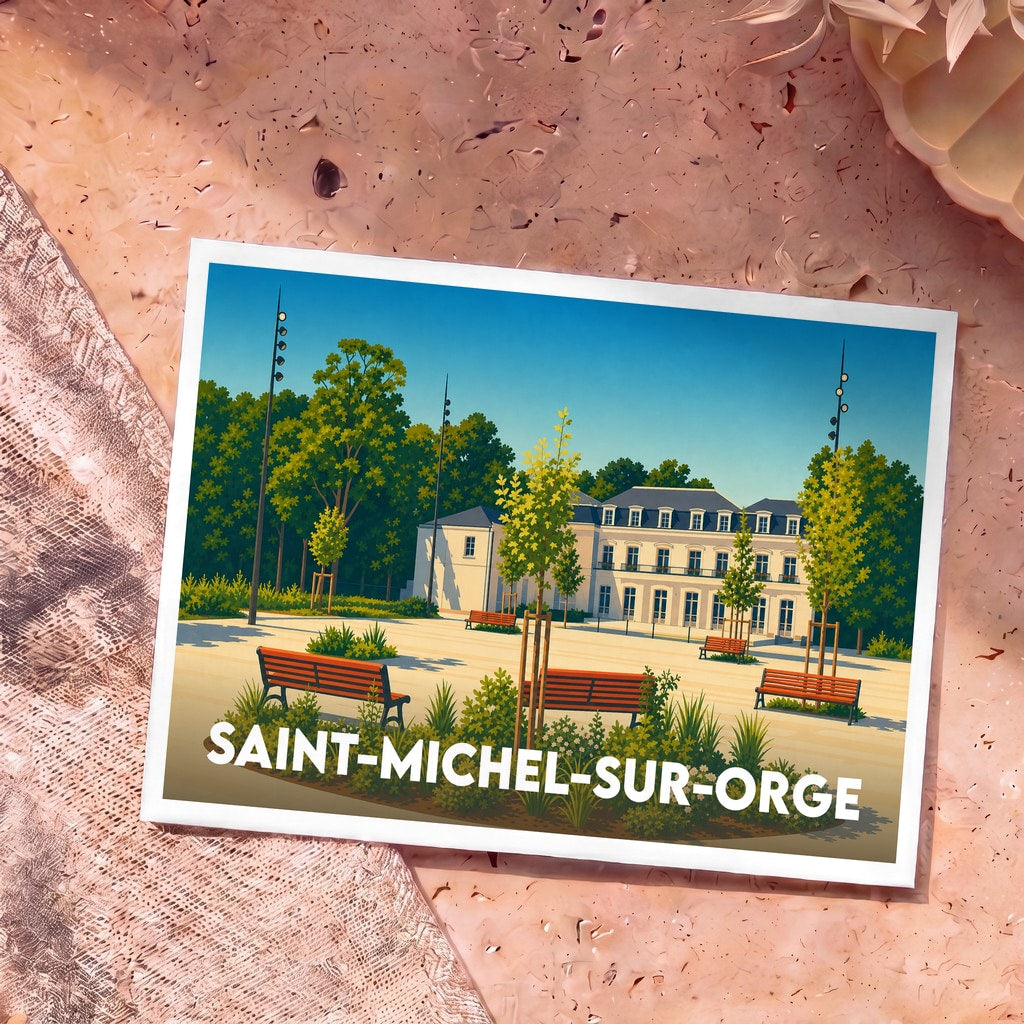 Carte postale souvenir de la ville de Saint-Michel-sur-Orge avec une illustration stylisée d'un parc et de son château.