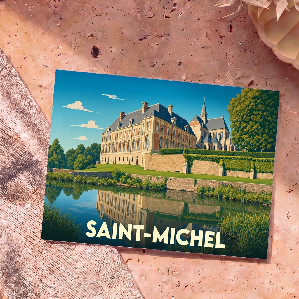 Carte postale souvenir de la ville de Saint-Michel avec une illustration stylisée de son patrimoine au bord de l'eau.