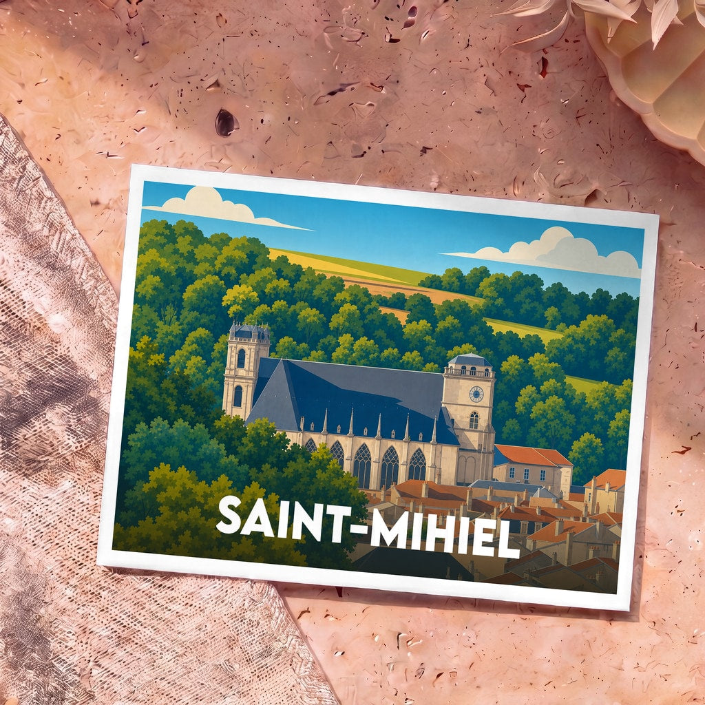 Carte postale souvenir de la ville de Saint-Mihiel avec une illustration stylisée de son église et de ses toits.