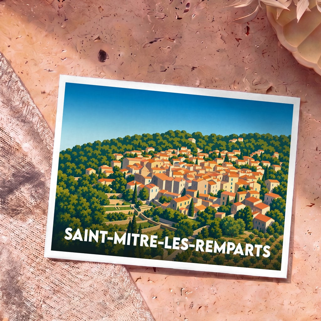Carte postale souvenir de la ville de Saint-Mitre-les-Remparts avec une illustration stylisée et colorée.