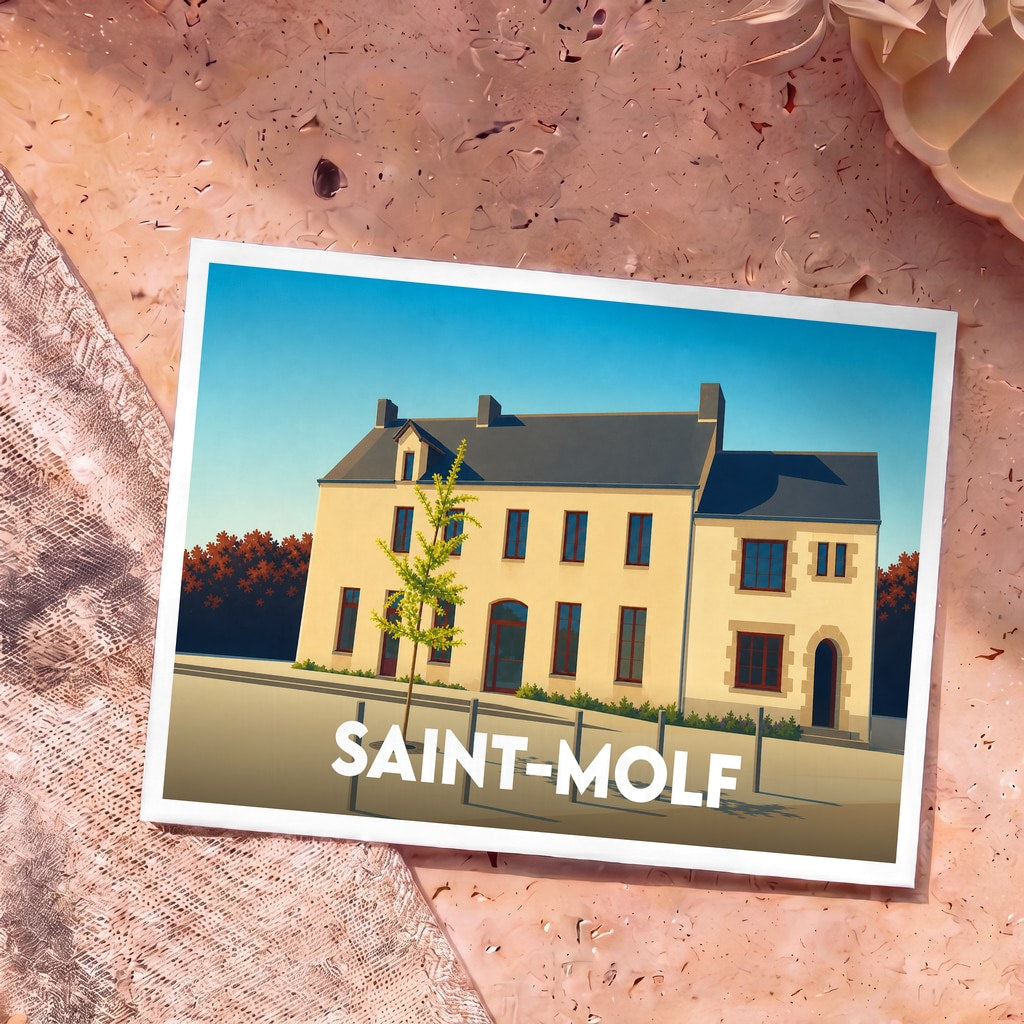 Carte postale souvenir de la ville de Saint-Molf illustrant ses bâtiments typiques dans un style graphique épuré.