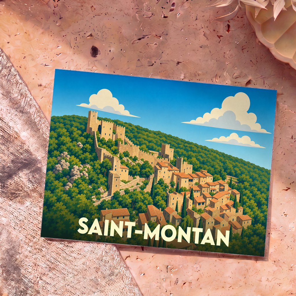 Carte postale souvenir de la ville de Saint-Montan avec une illustration stylisée de son village médiéval et de son château.