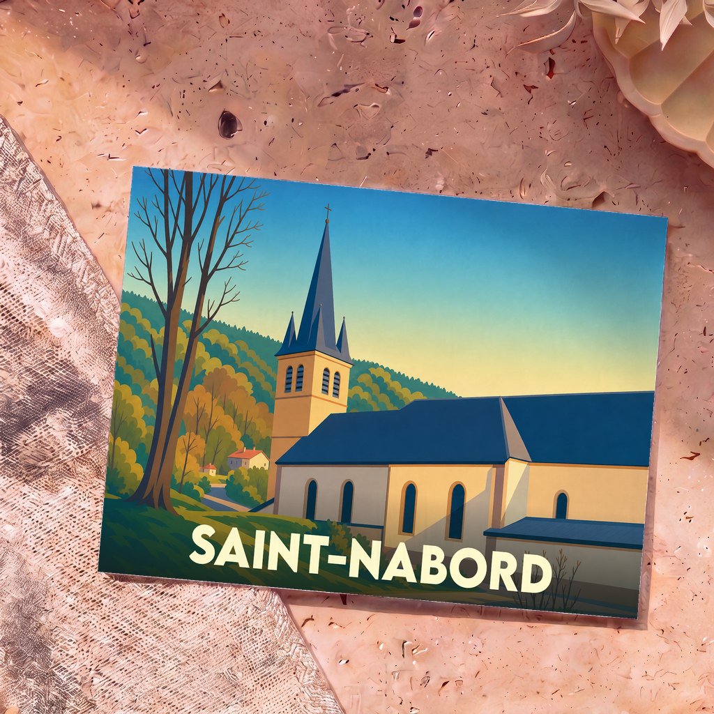 Carte postale souvenir de la ville de Saint-Nabord illustrant son église et ses paysages boisés dans un style épuré.