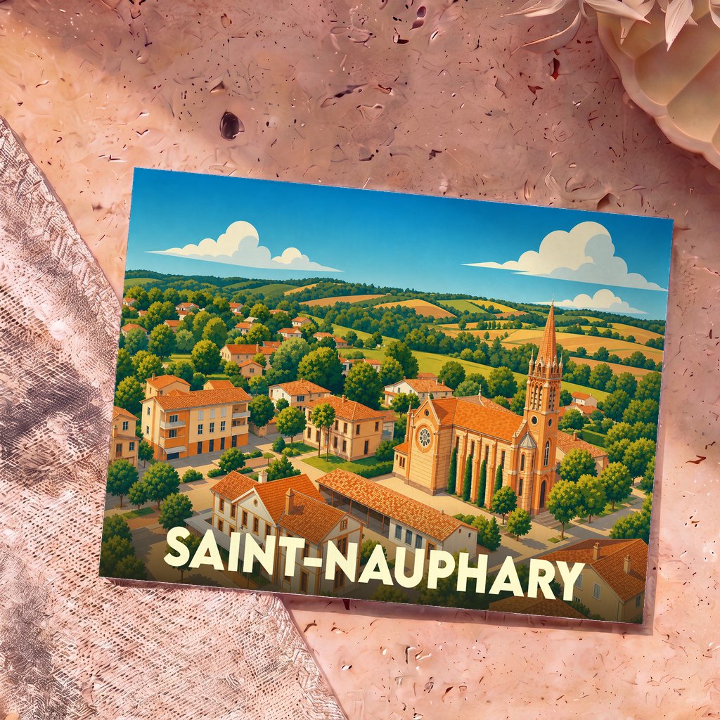 Carte postale souvenir de la ville de Saint-Nauphary avec une illustration stylisée et colorée.