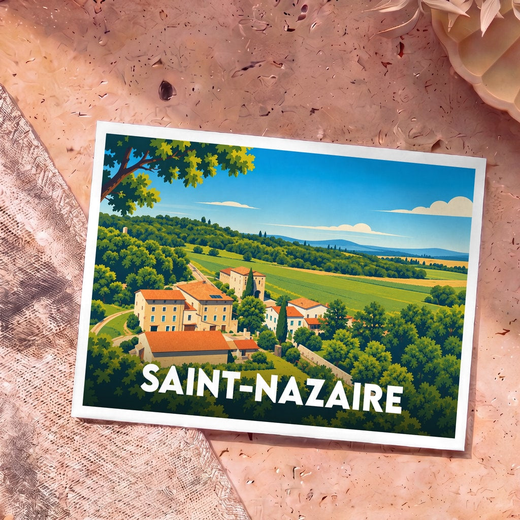 Carte postale souvenir de la ville de Saint-Nazaire avec une illustration stylisée d'un paysage de campagne vallonné.