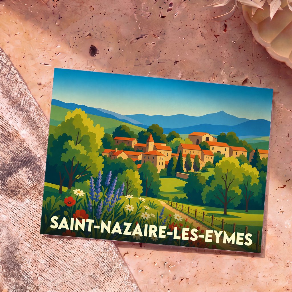 Carte postale souvenir de Saint-Nazaire-les-Eymes illustrant un paysage de village montagneux coloré dans un style graphique.