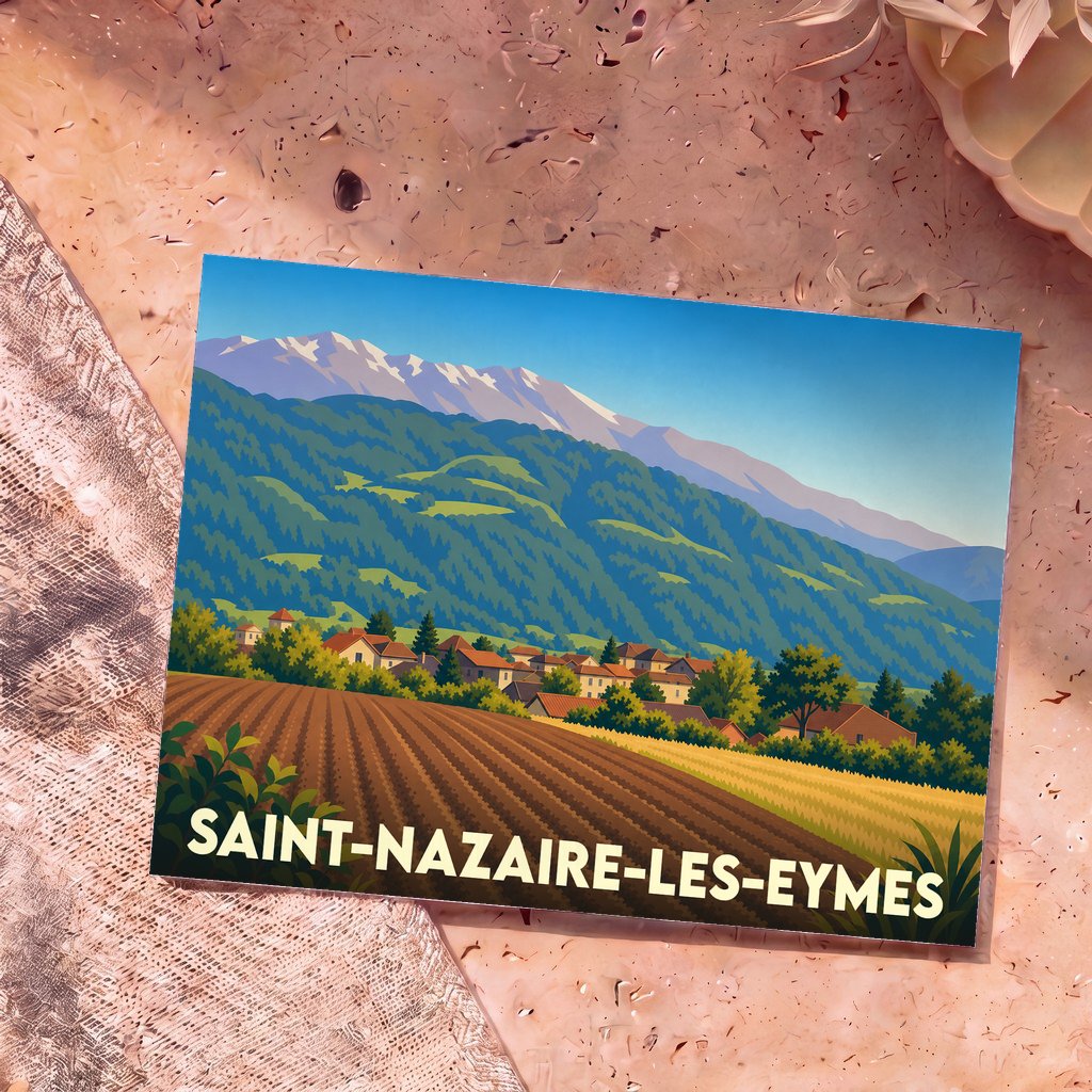 Carte postale souvenir de la ville de Saint-Nazaire-les-Eymes avec une illustration stylisée de ses paysages de montagne.