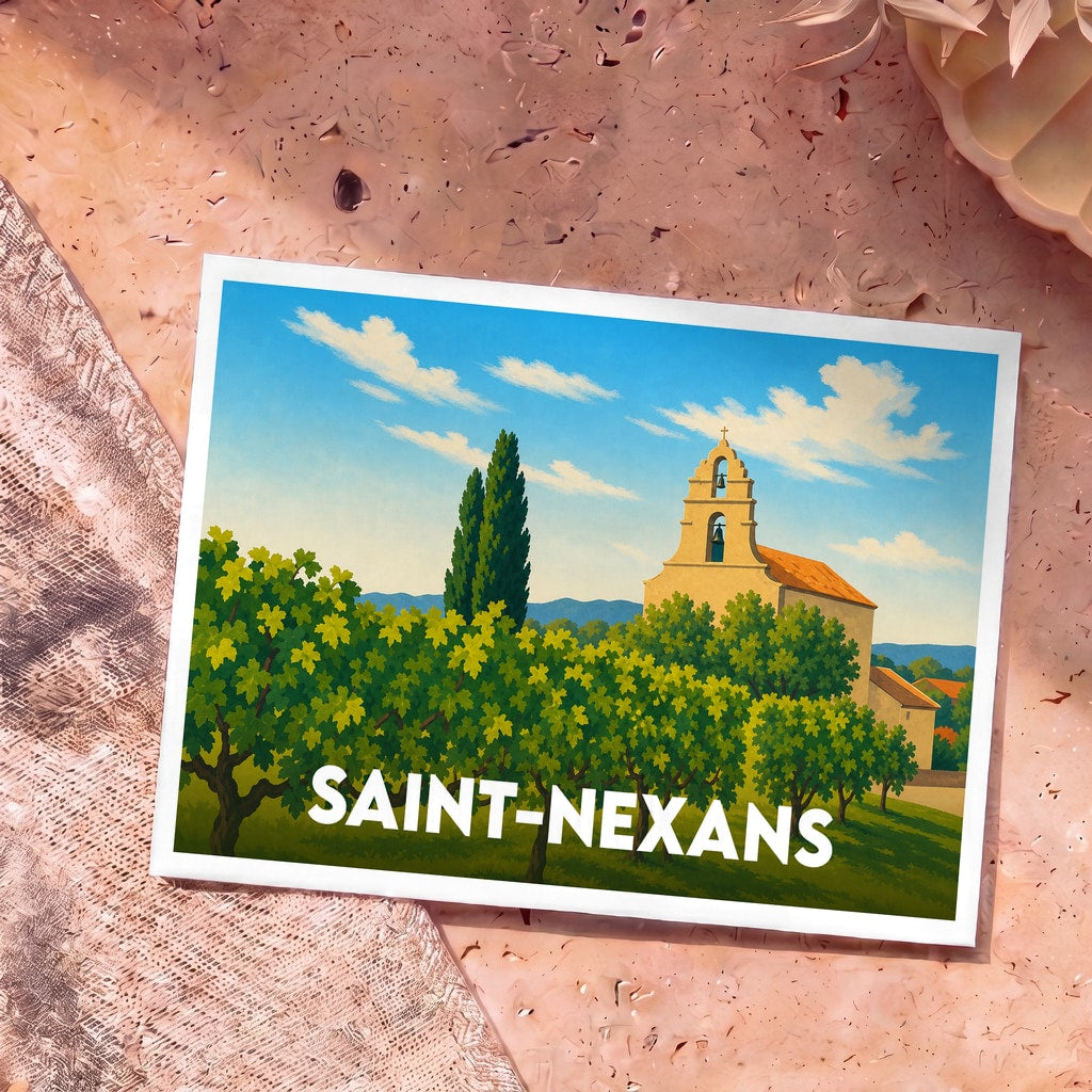 Carte postale souvenir de la ville de Saint-Nexans avec une illustration stylisée d'une église et de vignes.