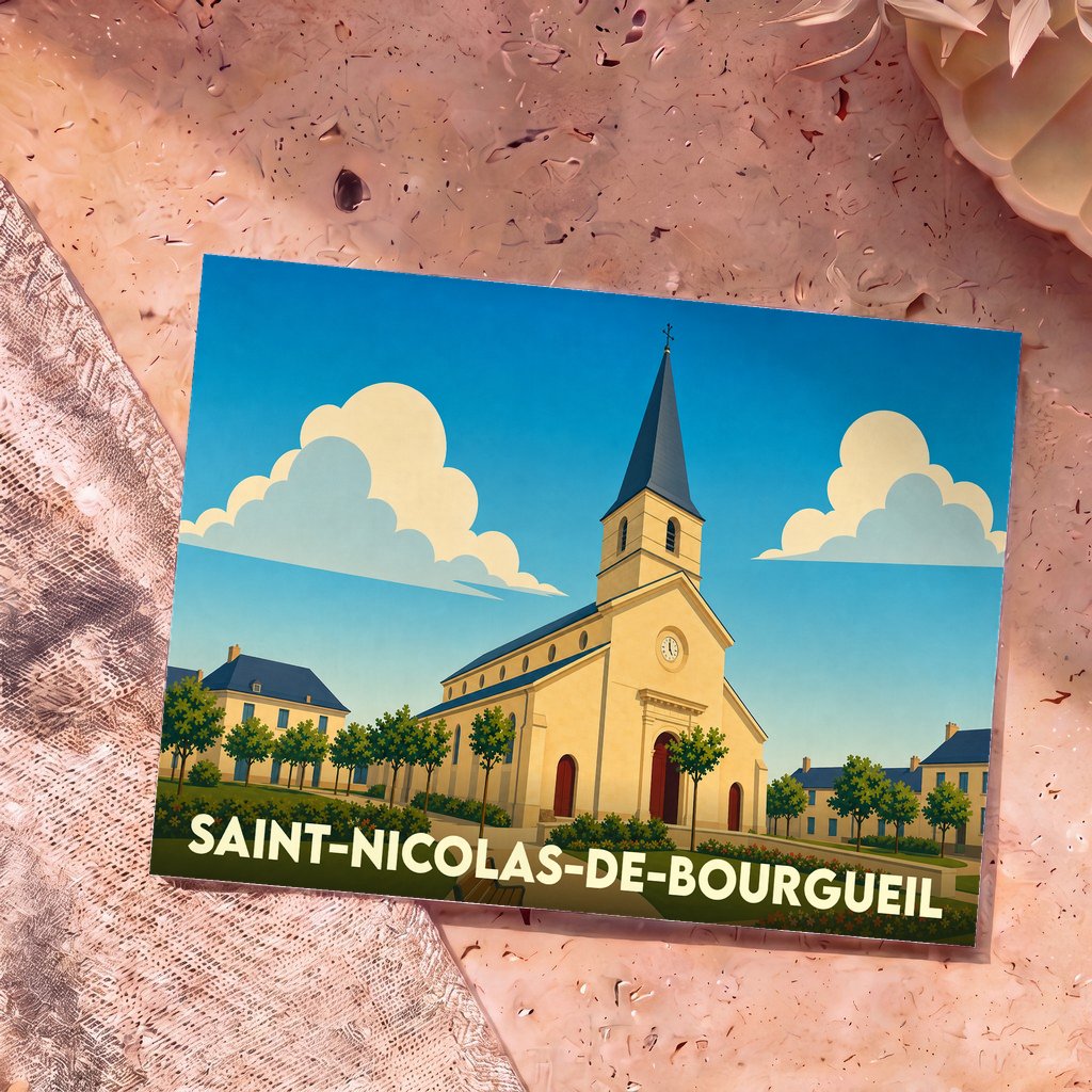 Carte postale souvenir de Saint-Nicolas-de-Bourgueil illustrant son église sous un ciel bleu parsemé de nuages stylisés.