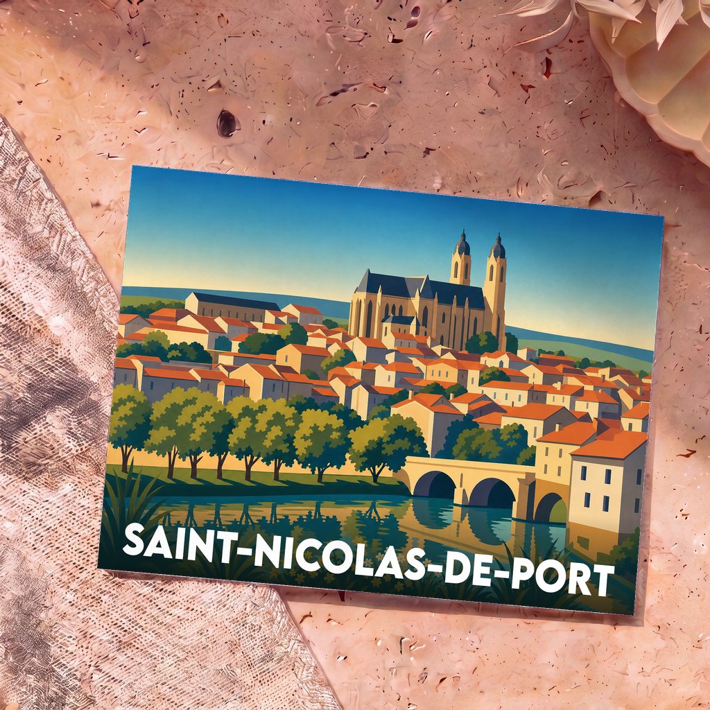 Carte postale souvenir de la ville de Saint-Nicolas-de-Port avec une illustration stylisée.