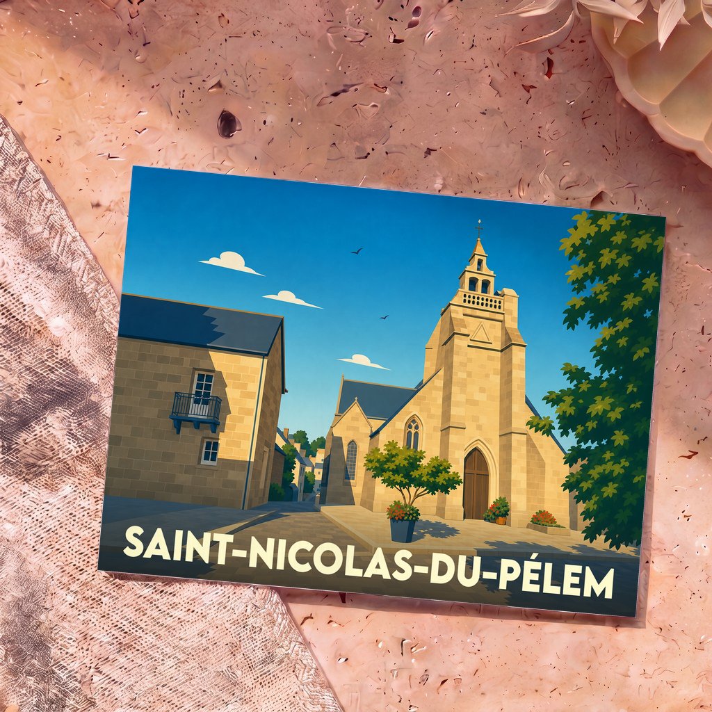 Carte postale souvenir de la ville de Saint-Nicolas-du-Pélem avec une illustration stylisée de son église.