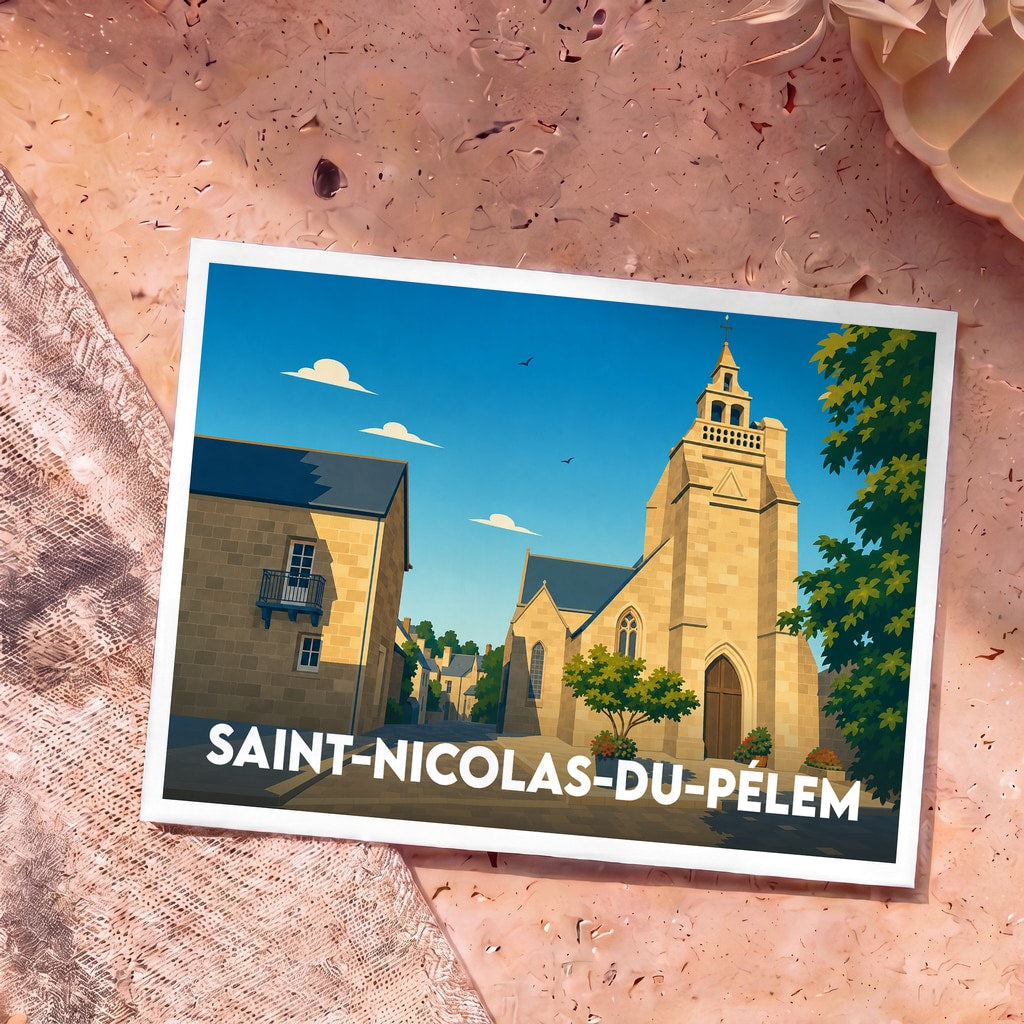 Carte postale souvenir de la ville de Saint-Nicolas-du-Pélem avec une illustration stylisée de son église.