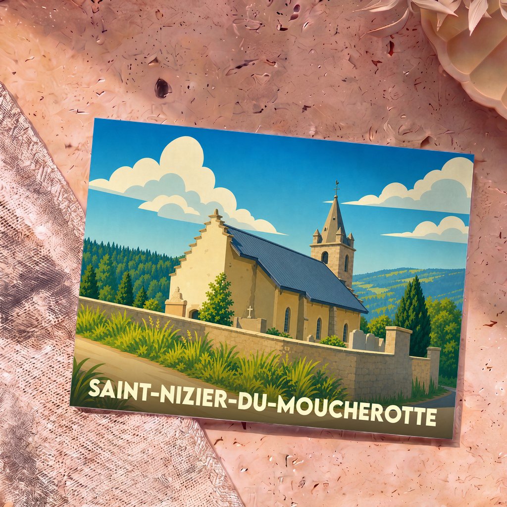 Carte postale souvenir de la ville de Saint-Nizier-du-Moucherotte avec une illustration stylisée d'une église de montagne.