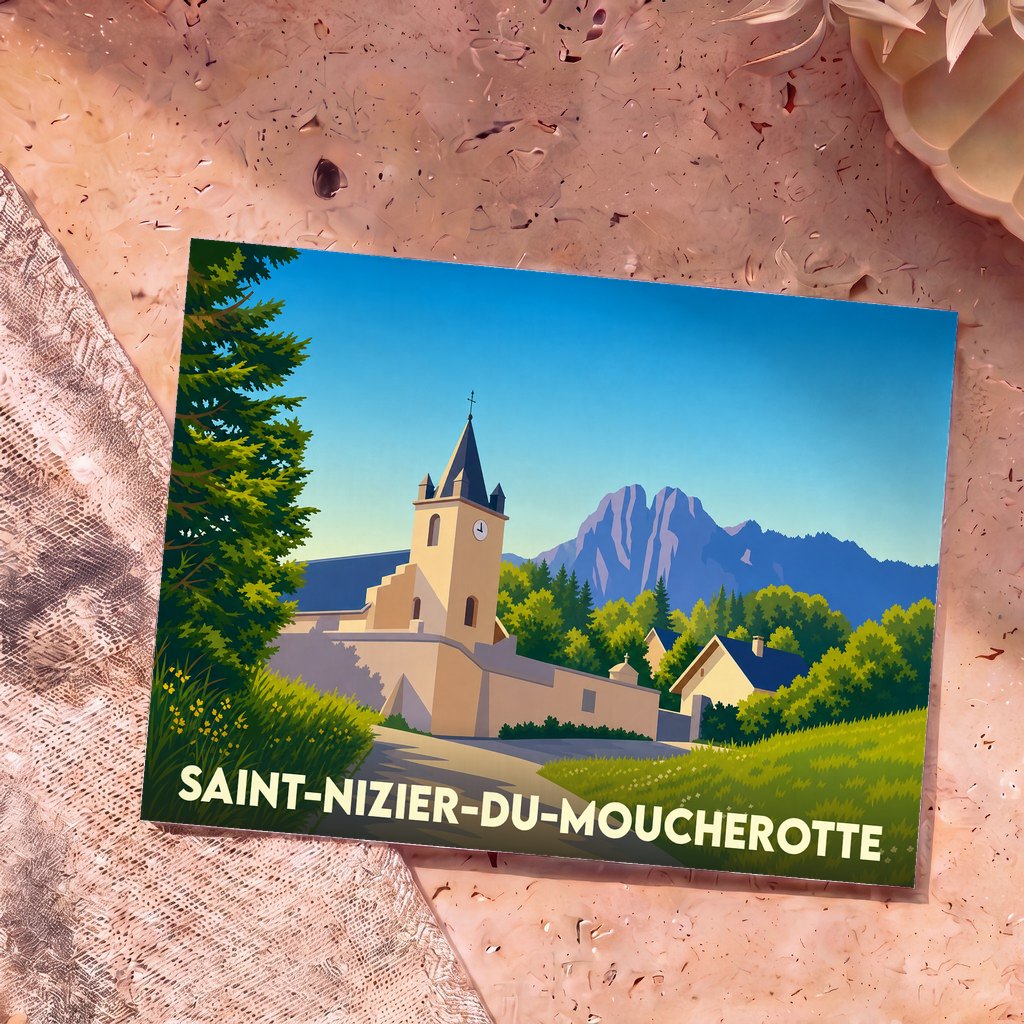 Carte postale souvenir de la ville de Saint-Nizier-du-Moucherotte avec une illustration stylisée de son église et des montagnes.