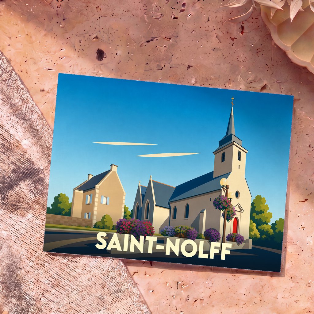 Carte postale souvenir de la ville de Saint-Nolff avec une illustration stylisée de son église.