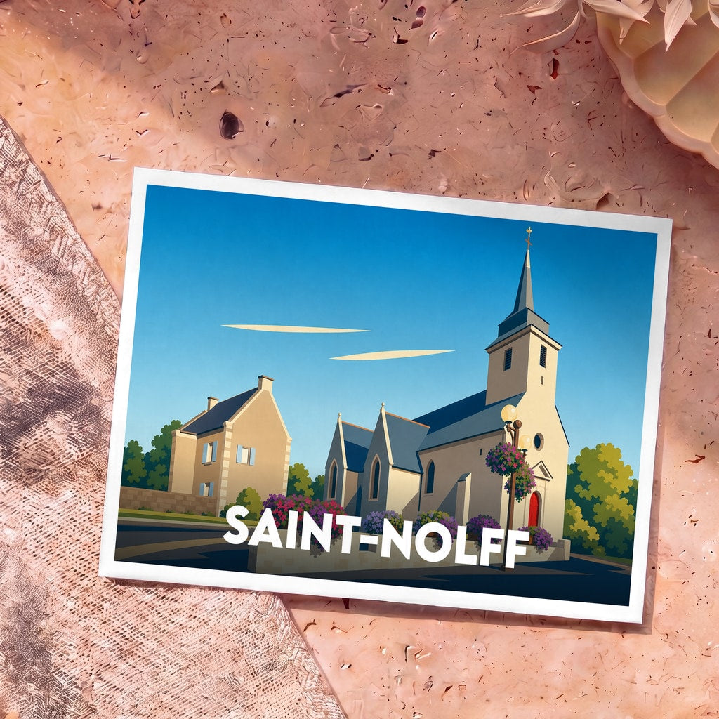 Carte postale souvenir de la ville de Saint-Nolff avec une illustration stylisée de son église.