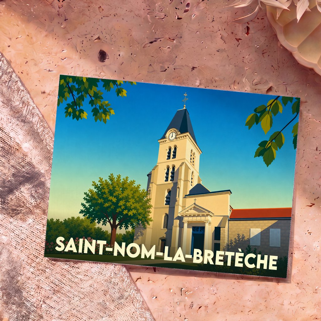 Carte postale souvenir de Saint-Nom-la-Bretèche représentant son église dans un style graphique épuré.
