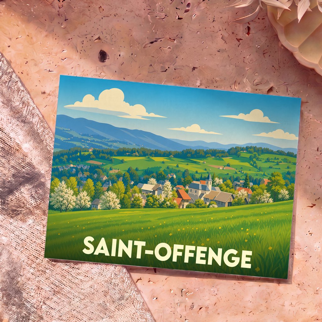 Carte postale souvenir de la ville de Saint-Offenge avec une illustration paysagère stylisée.