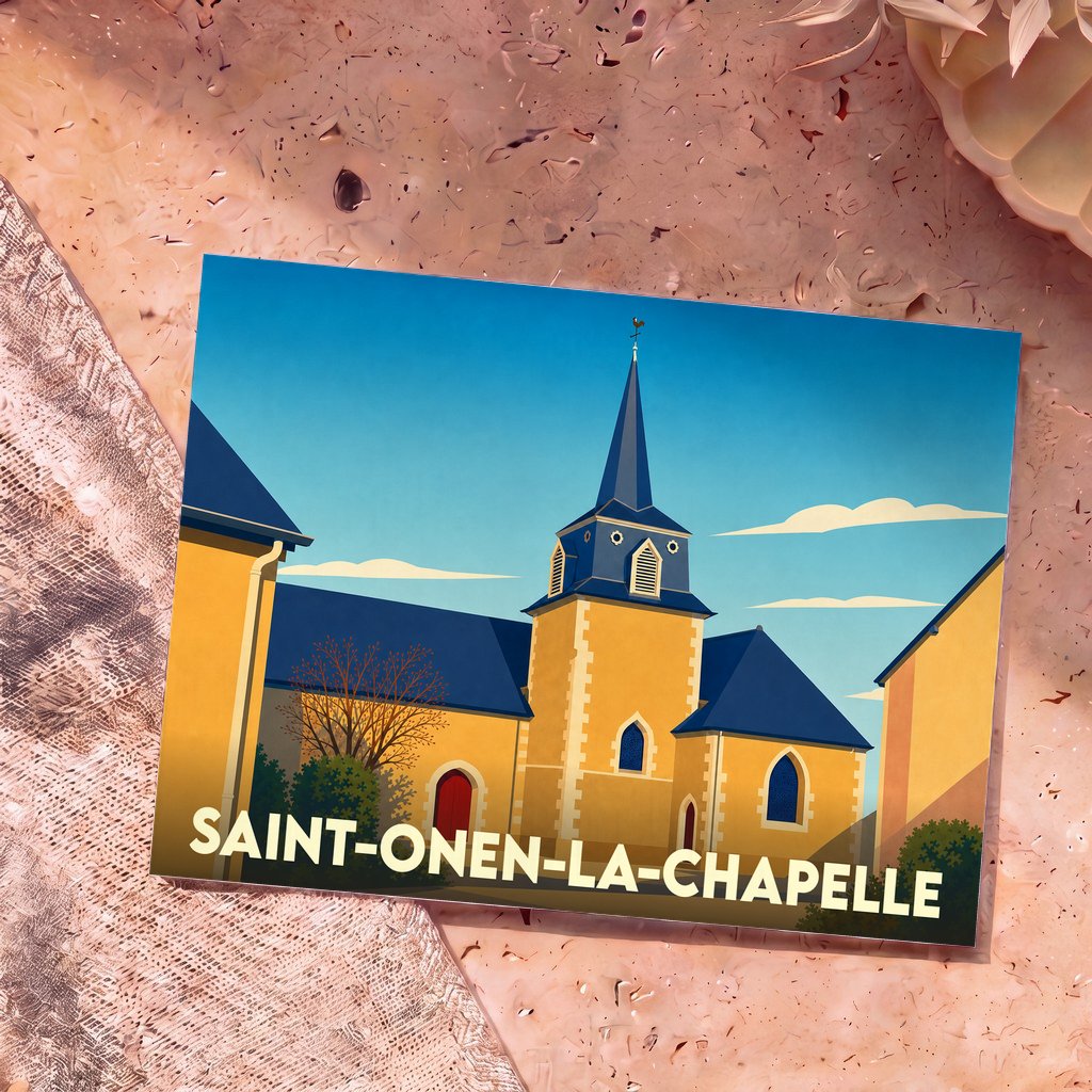 Carte postale souvenir de la ville de Saint-Onen-la-Chapelle avec une illustration stylisée de son église.