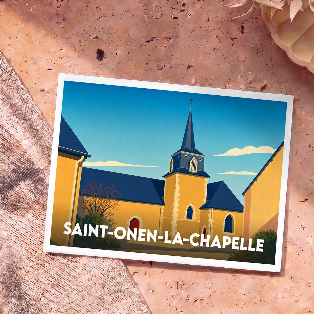 Carte postale souvenir de la ville de Saint-Onen-la-Chapelle avec une illustration stylisée de son église.