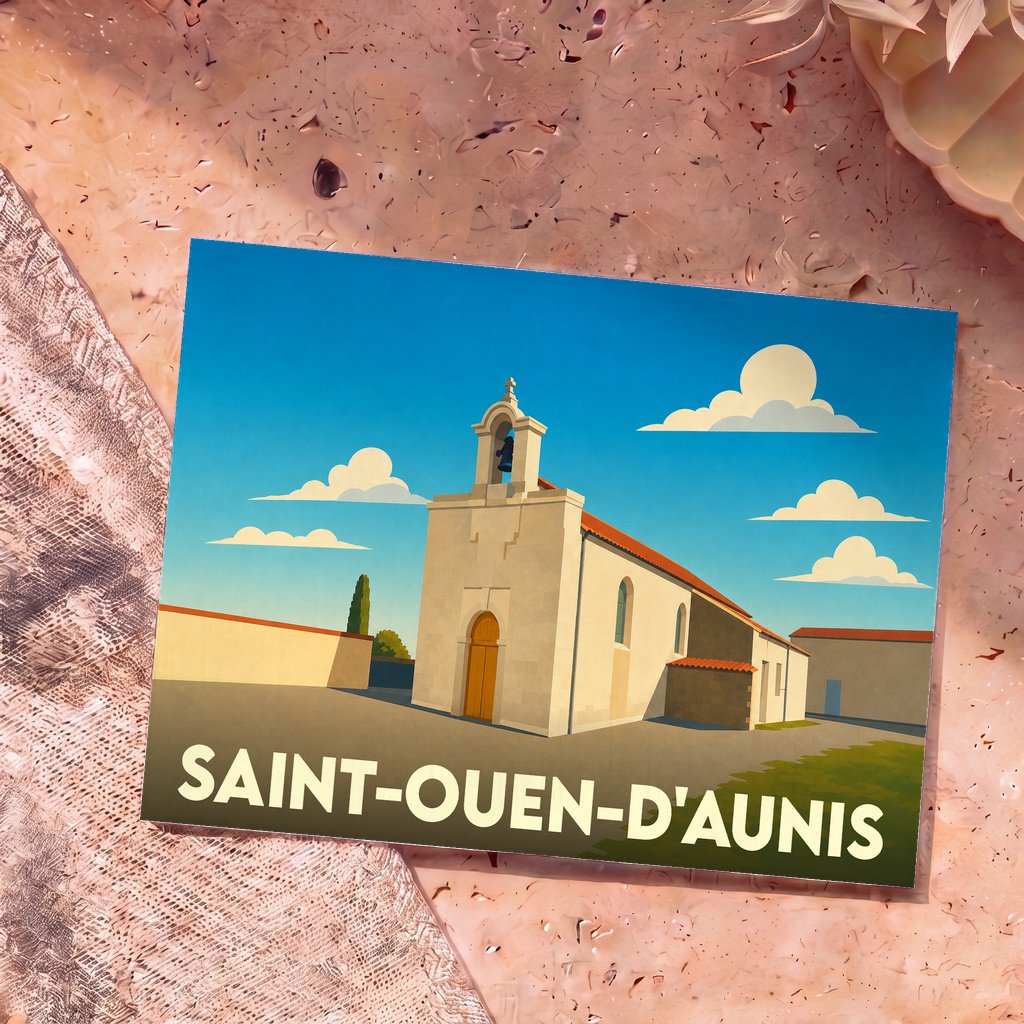 Carte postale souvenir de la ville de Saint-Ouen-d'Aunis avec une illustration stylisée de son église.