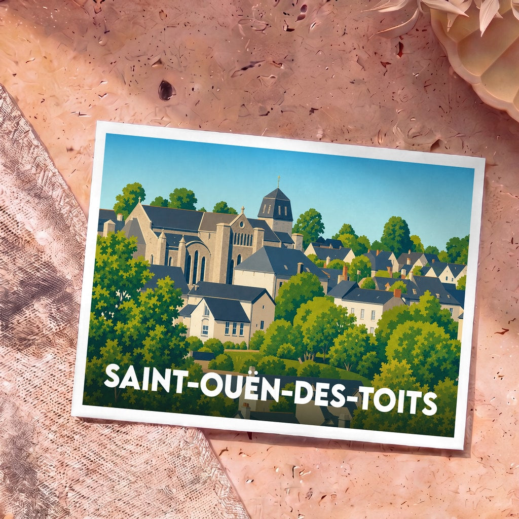 Carte postale souvenir de la ville de Saint-Ouën-des-Toits avec une illustration stylisée du village niché dans la verdure.