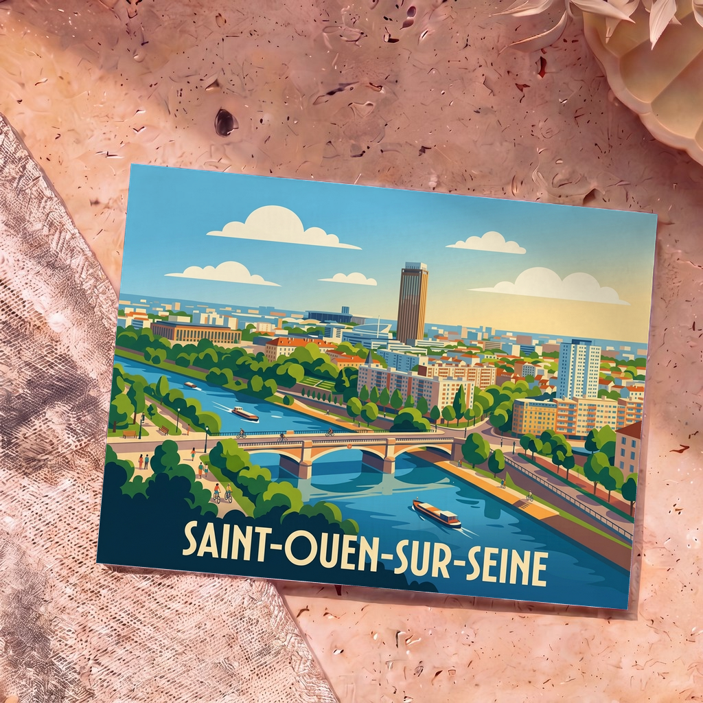 Carte postale souvenir de la ville de Saint-Ouen-sur-Seine avec une illustration stylisée des bords de Seine.