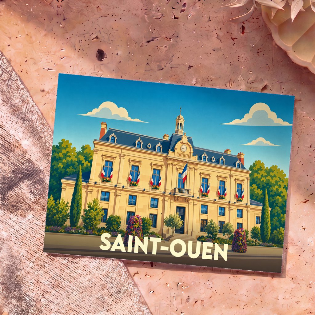 Carte postale souvenir de la ville de Saint-Ouen illustrant son hôtel de ville dans un style rétro.