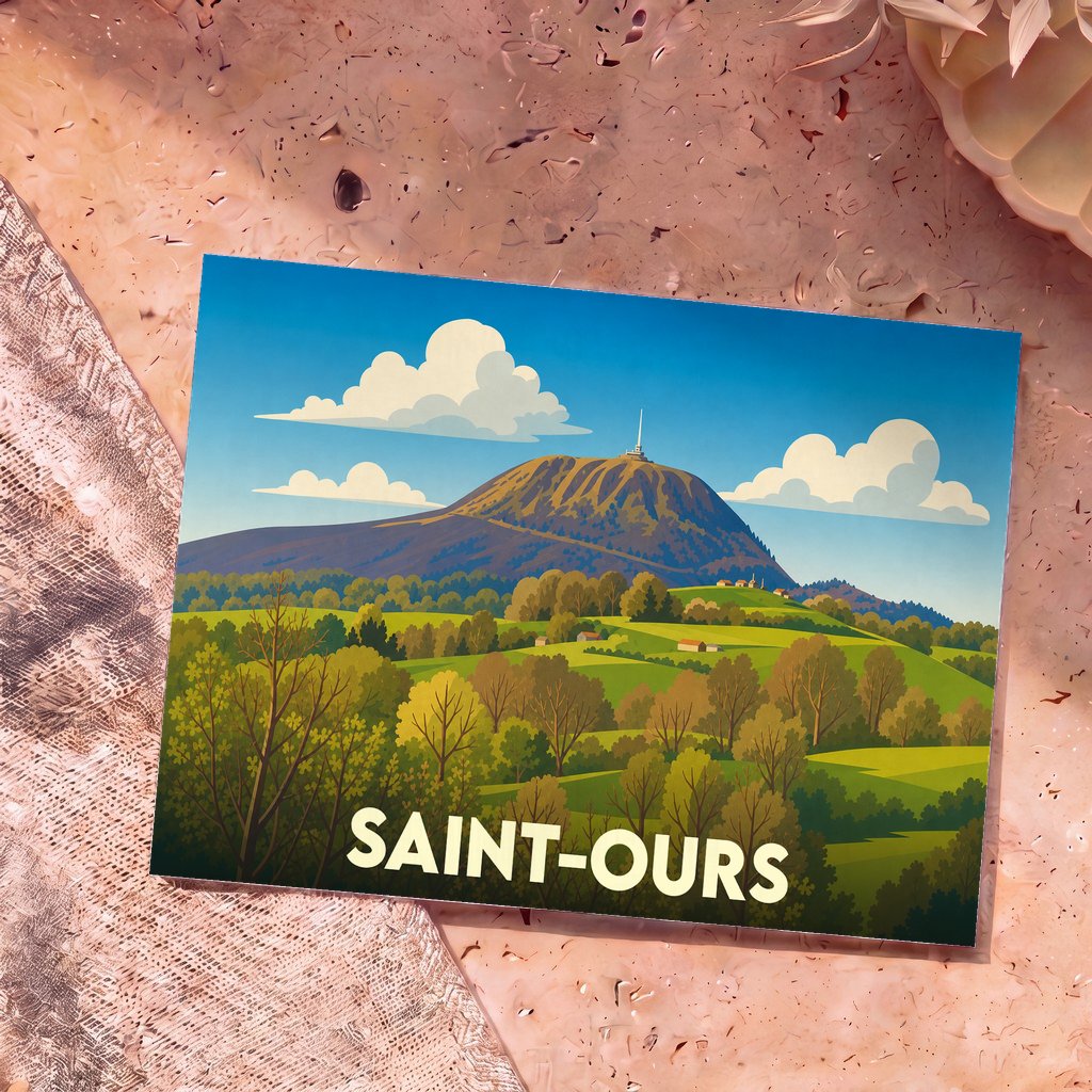 Carte postale souvenir de la ville de Saint-Ours illustrant le Puy de Dôme et la chaîne des Puys dans un style rétro.