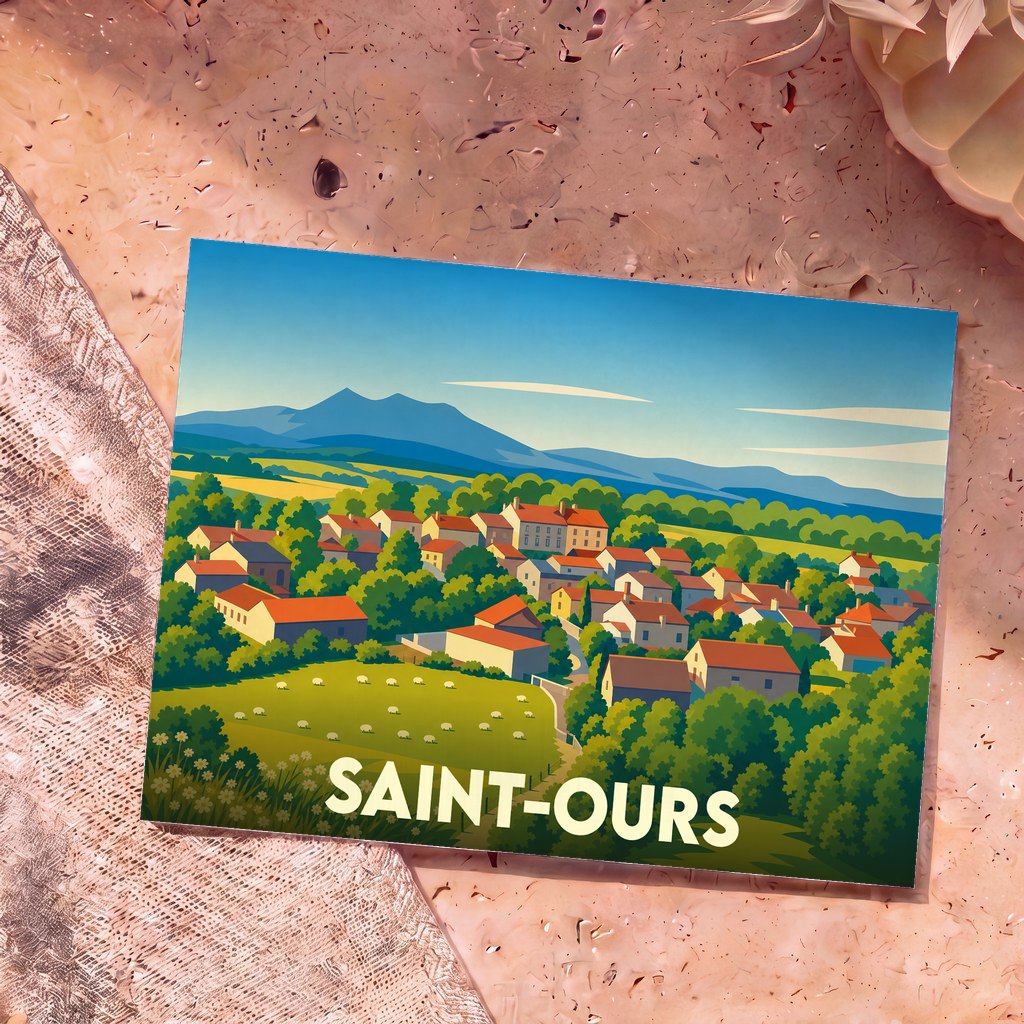 Carte postale souvenir de la ville de Saint-Ours avec une illustration stylisée d'un village de campagne.