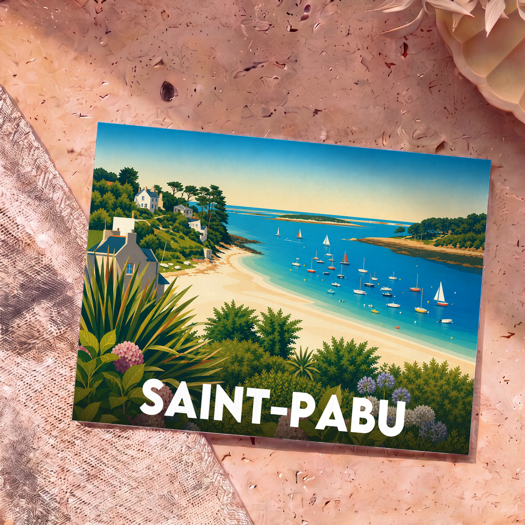 Carte postale souvenir de la ville de Saint-Pabu avec une illustration stylisée de son littoral.