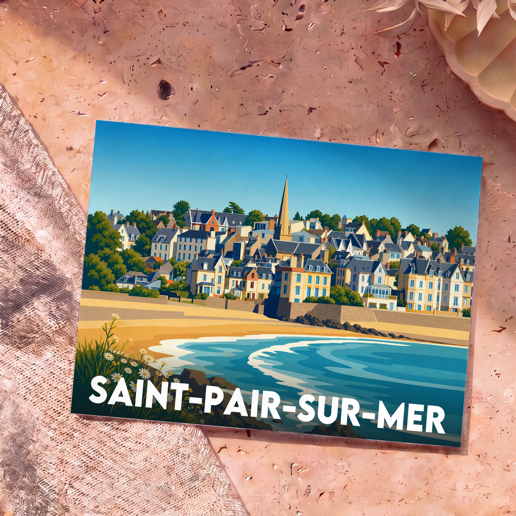 Carte postale souvenir de la ville de Saint-Pair-sur-Mer avec une illustration stylisée du front de mer et de l'église.