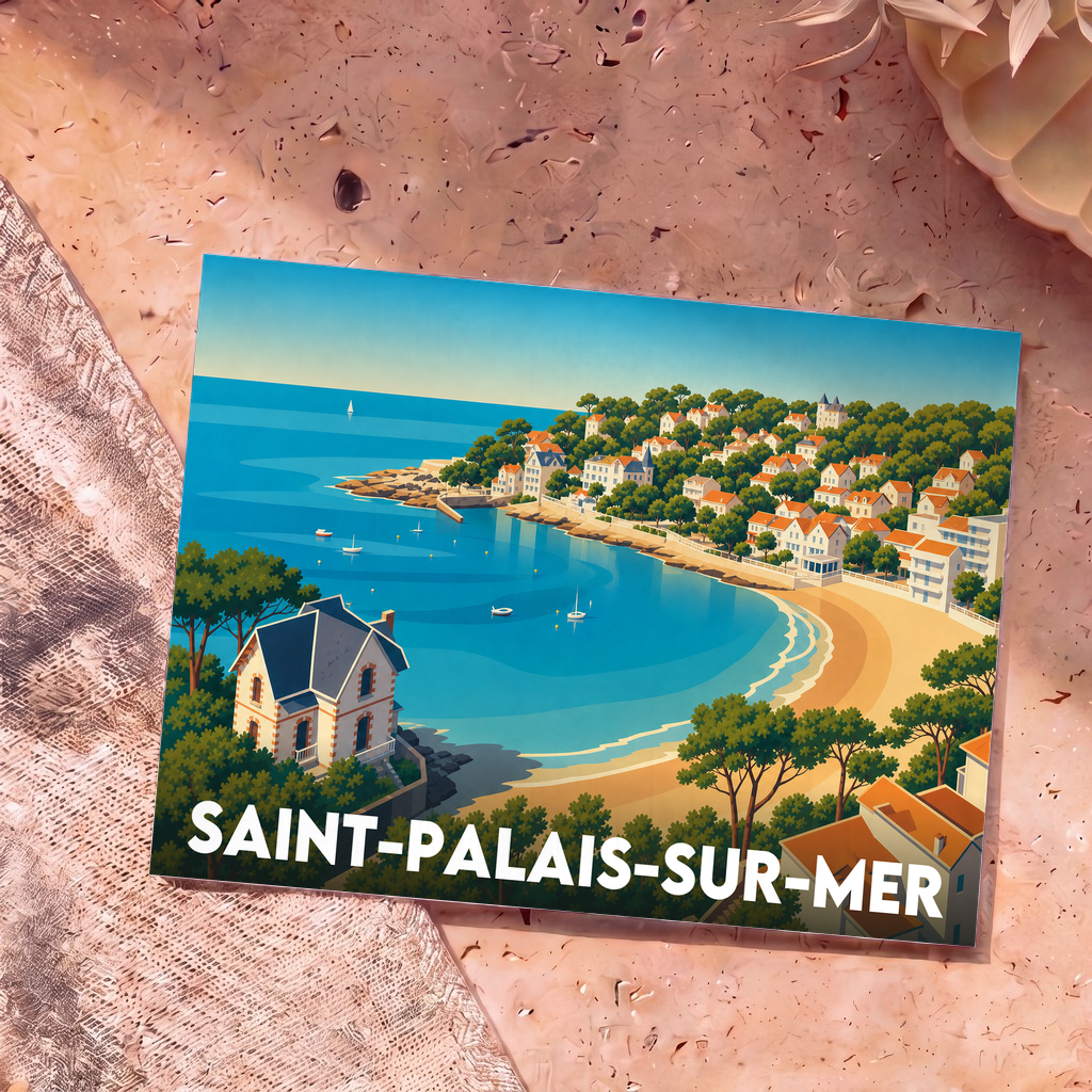Carte postale souvenir de la ville de Saint-Palais-sur-Mer avec une illustration stylisée de sa côte et de ses villas.