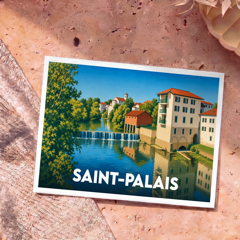 Carte postale souvenir de la ville de Saint-Palais avec une illustration stylisée des bâtiments en bord de rivière.