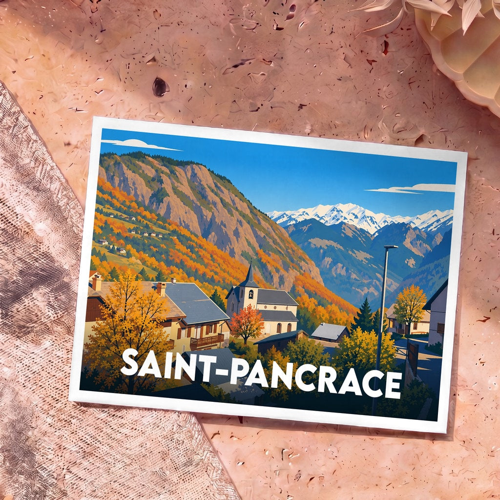 Carte postale souvenir de la ville de Saint-Pancrace avec une illustration stylisée de montagne en automne.