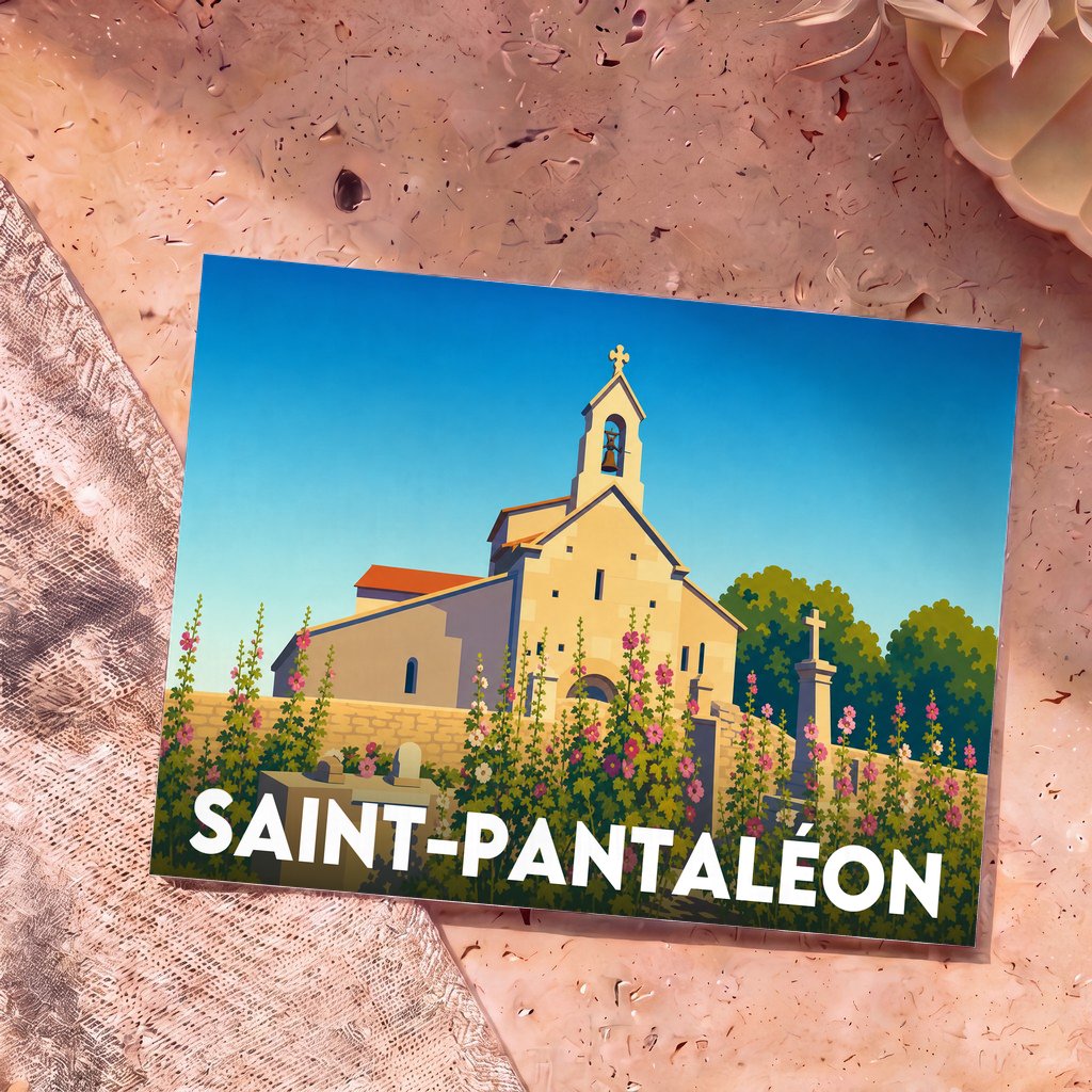 Carte postale souvenir de la ville de Saint-Pantaléon avec une illustration stylisée de son église romane.
